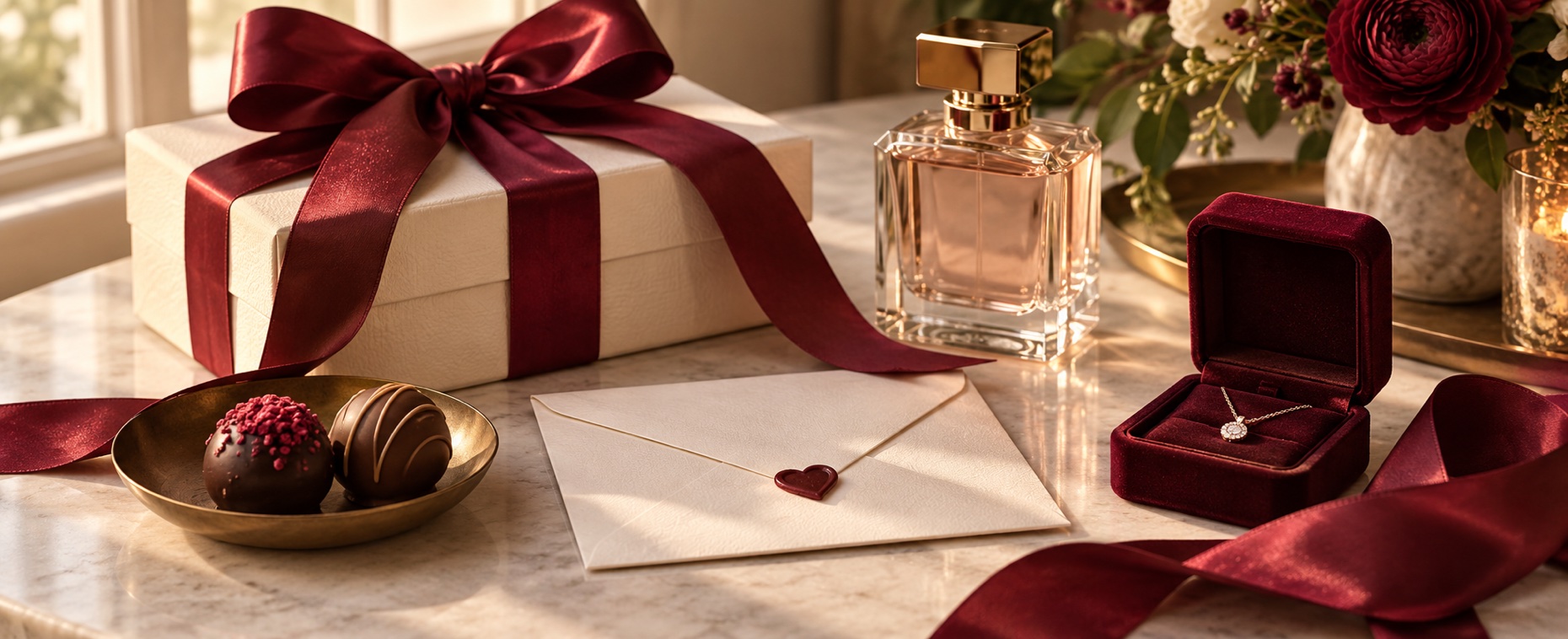Regali romantici per ogni occasione: un regalo avvolto con un nastro, profumo, gioielli, cioccolatini e una lettera personale