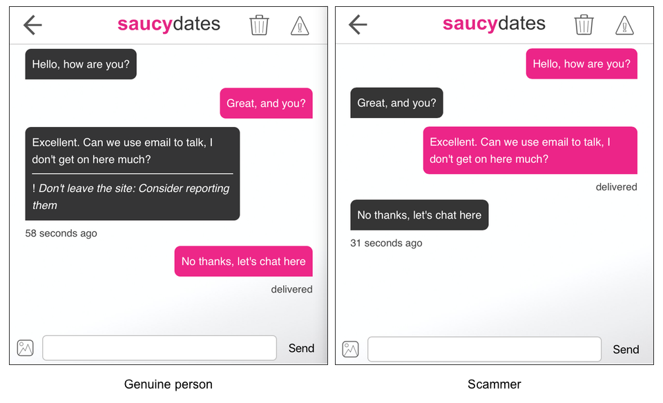 Historischer Screenshot der Anti-Betrugs-Assistentin Scarlet aus dem ursprünglichen Saucy Dates-Artikel