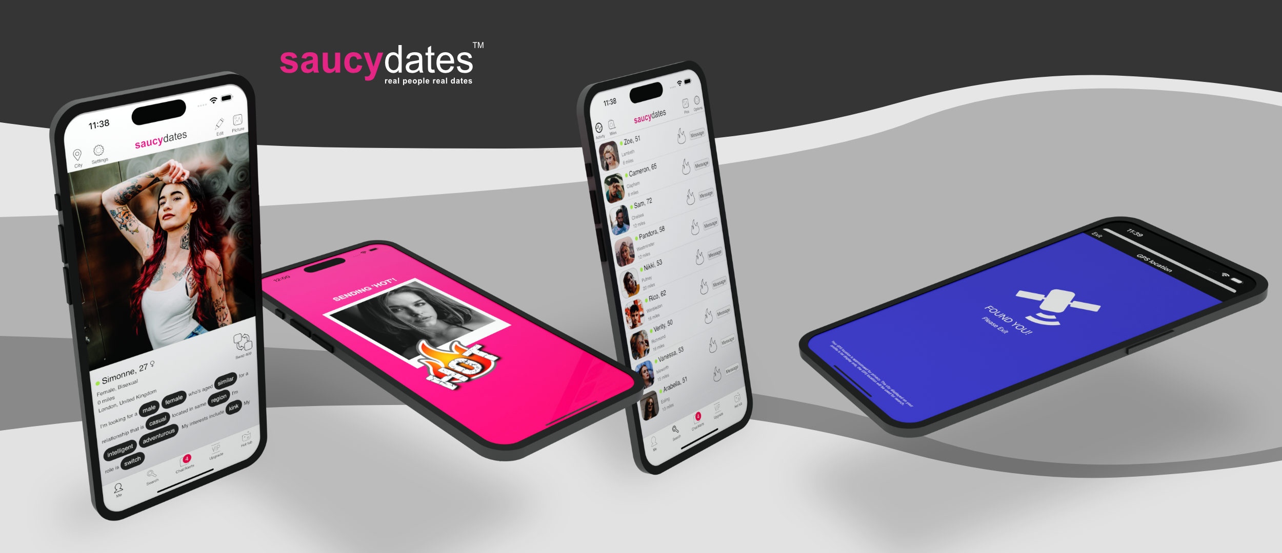 Mobile Oberfläche von Saucy Dates mit einem Profil, dem Senden eines Hots, Mitgliederlisten und Standorteinstellung